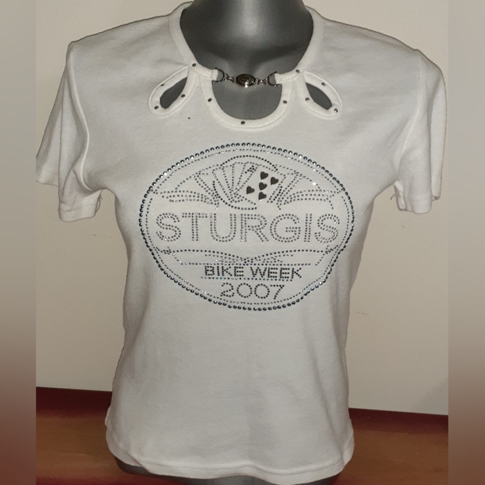 Sturgis Womens Biker Design Embellished Bike Week 2007 Short Sleeve Top Size M